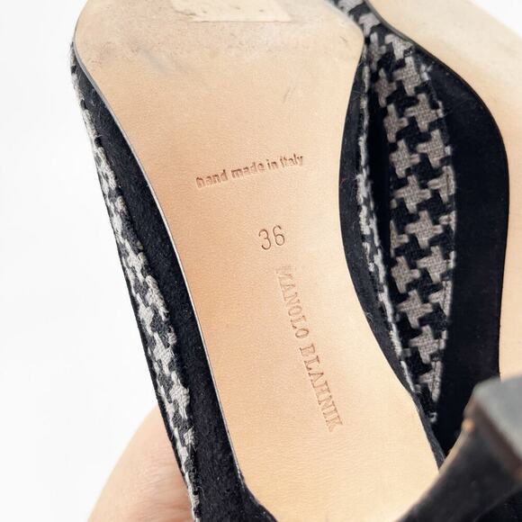 Manolo Blahnik Black Suede Gray Houndstooth Bow Pointed Toe Pumps Heels IT 36 - Picture 10 of 10